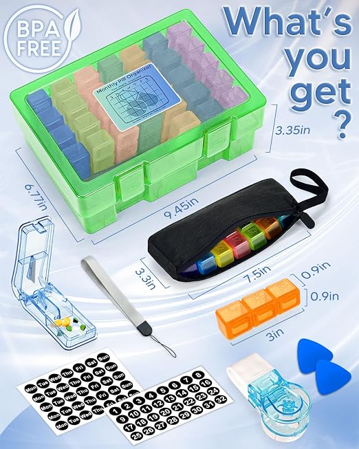 Monthly Pill Organizer 3 Times a Day, FRIWOLE Medicine Box with Portable Weekly Pill Bag, Keychain Pill Case, Pill Cutter and 2 Sticker (Green, 3 Times a Day)