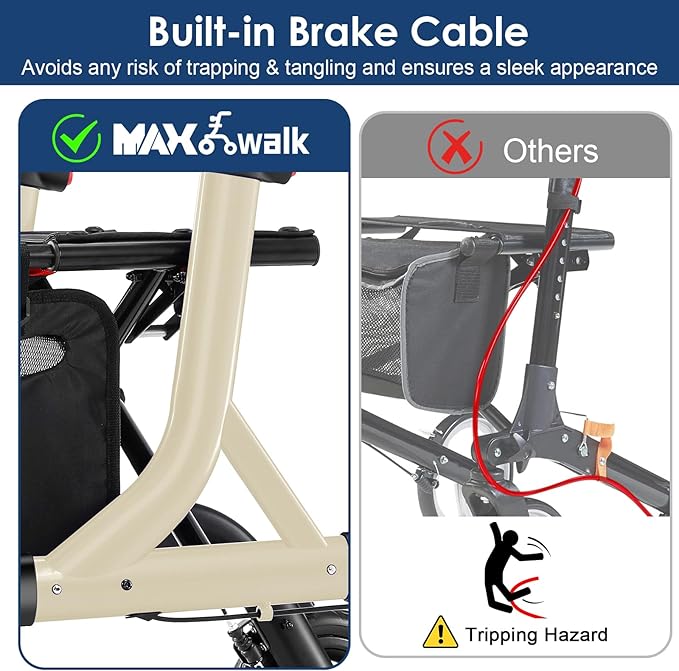 Walkers for Seniors, Rollator Walker with Seat, 10" Rubber Wheels All Terrain Rollator Walker with Backrest, Aluminum Walkers Built-in Cable, Foldable and Adjustable Height for Seniors, Beige