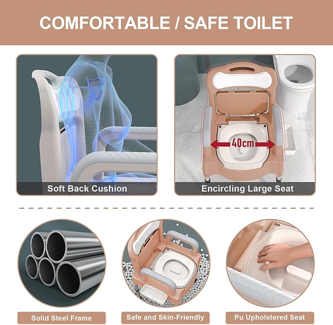 Bedside Commodes, 16" Toilet Chair Seat with Handles, Adjustable Mobile Portable Toilets, Anti-Slip and Anti-Rollover, Adult Potty Chair Load 660 Lb for Seniors Disabilities Elderly & Others