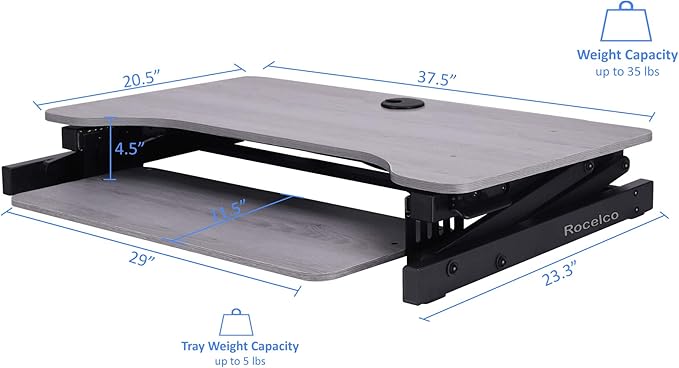 Rocelco 37.5" Deluxe Height Adjustable Standing Desk Converter - Quick Sit Stand Up Dual Monitor Riser - Gas Spring Assist Computer Workstation - Large Retractable Keyboard Tray - Gray (R DADRG)