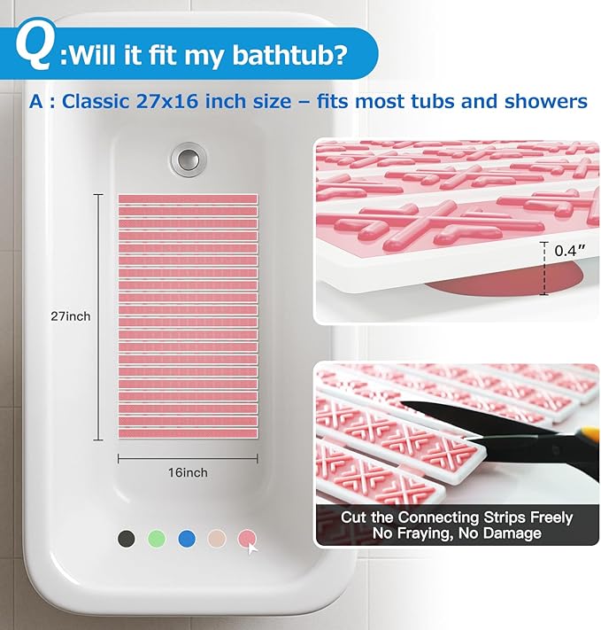 Non Slip Rubber Bathtub & Shower Mat - Fast Drain & Upright Drying Design, Strong Suction Cups, Structured Textured Surface, Low-Maintenance Bathroom Safety Mat, 27 x 16 Inch, Pink, Matace