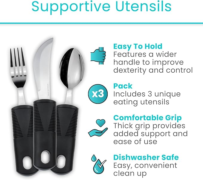 Vive Adaptive Utensil Set - Arthritis Aid Silverware for Parkinsons, Hand Tremors - Easy Grip for Shaking and Trembling Hands - Heavy Stainless Steel Spoon (Regular)