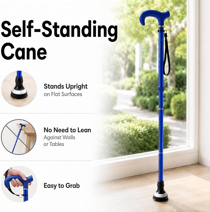 GlowGuard Walking Cane for Men & Women - Extra-Wide 2.68" Glow Cane Tip with Photoluminescent Ring, Height Adjustable (31.1" to 37.8"), 350 lbs Capacity