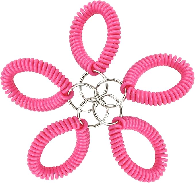 Lucky Line 2” Spiral Wrist Coil with Steel Key Ring, Flexible Wrist Band Key Chain Bracelet, Stretches To 12”, Neon Pink, 5 Pack (4106605)