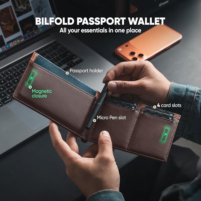 VULKIT Bilfold Passport Holder Leather RFID Blocking Passport Wallet with Hidden Pocket Slim Travel Documents Organizer for Men or Women (Passport, Card, Cash, Coin, SIM Card, Ticket)