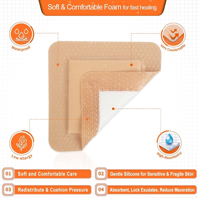Silicone Foam Dressing with Gentle Adhesive Border 6''x6'' 5 Pack, Painless Removal High Absorbency Waterproof Bed Sore Bandage for Pressure Ulcer, Leg Ulcer, Diabetic Foot Ulcer by EalionMed