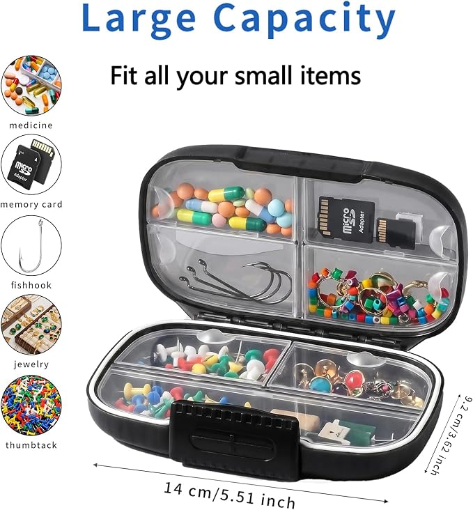 Large Pill Organizer for Purse 7 Day Vitamin Box Travel Case for Fish Oil | Black Pill Container with Label,Double Lock,Water-proof Medicine Holder,Portable for Daily Supplements & Small Accessories