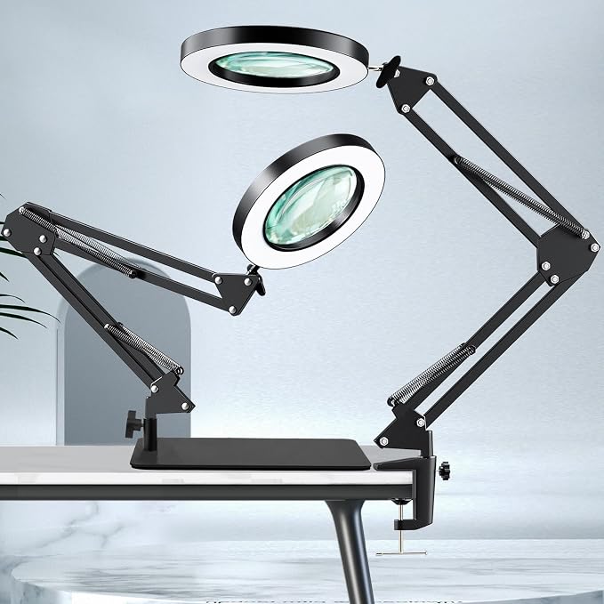 HITTI 10X Magnifying Glass with Light, 1800 Lumens Stepless Dimmable, 3 Color Modes, 4.2″ Real Glass Lens LED Lamp Square Base & Clamp, Magnifier Light and Stand for Panting, Puzzle, Close Work