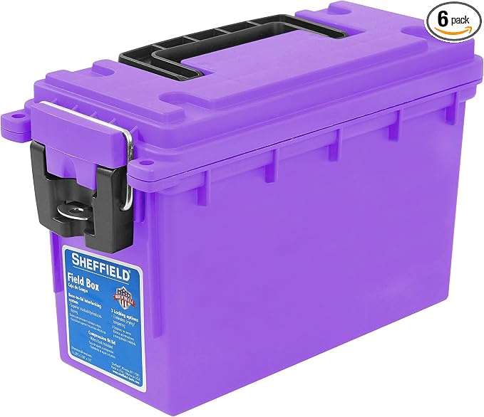 Sheffield 12632 Ammo Storage Box, Stackable .30 Cal Field Boxes, Water and Dust Resistant, Lockable Storage Box with Handle, Secures Hunting Gear, Supplies, & Bullets, Made in USA, Purple(Pack of 6)