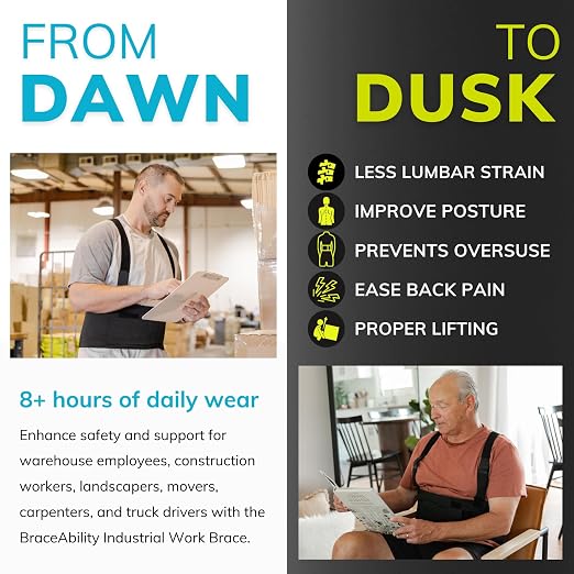 BraceAbility Work Back Brace - Industrial Lower Back Pain Protection Belt for Men and Women, Construction, Moving, Warehouse Jobs - Removable Suspender Shoulder Straps for Heavy Lifting Safety (L)