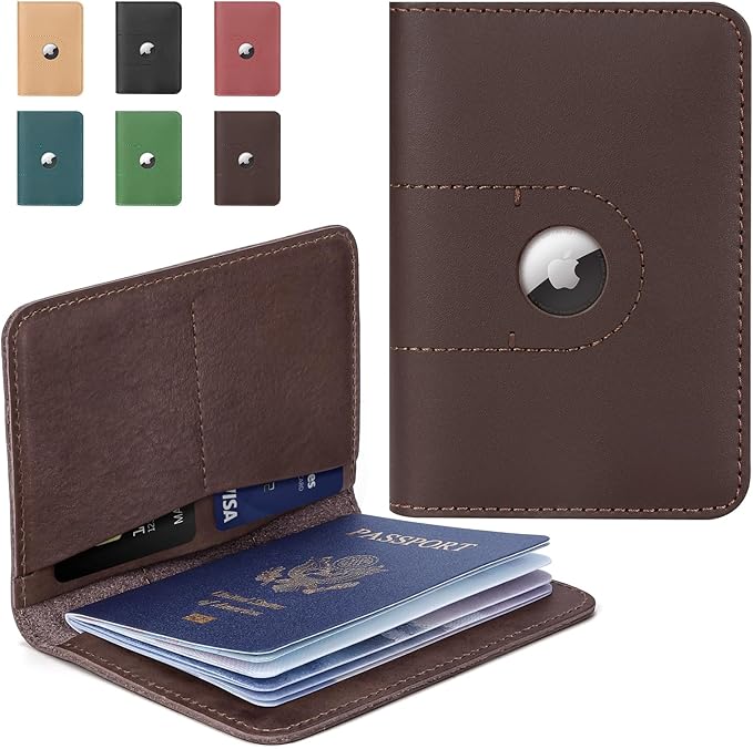 ALLIVE Passport Holder for Travel, Genuine Leather Passport Holder with AirTag Slot for Women and Men, Passport Cover Wallet Travel Must Haves Airport Essentials, Travel Gifts, Brown