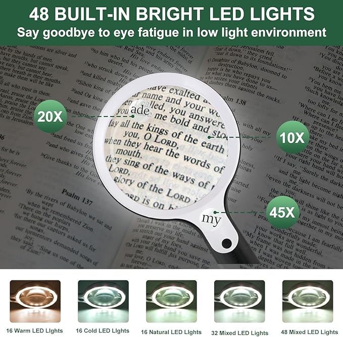 Magnifying Glass with 48 LED Light, 10X 20X 45X Handheld Illuminated Lighted Magnifier with 5 Light Modes Rechargeable Magnifying Glass for Seniors Reading Inspection (White & Black)