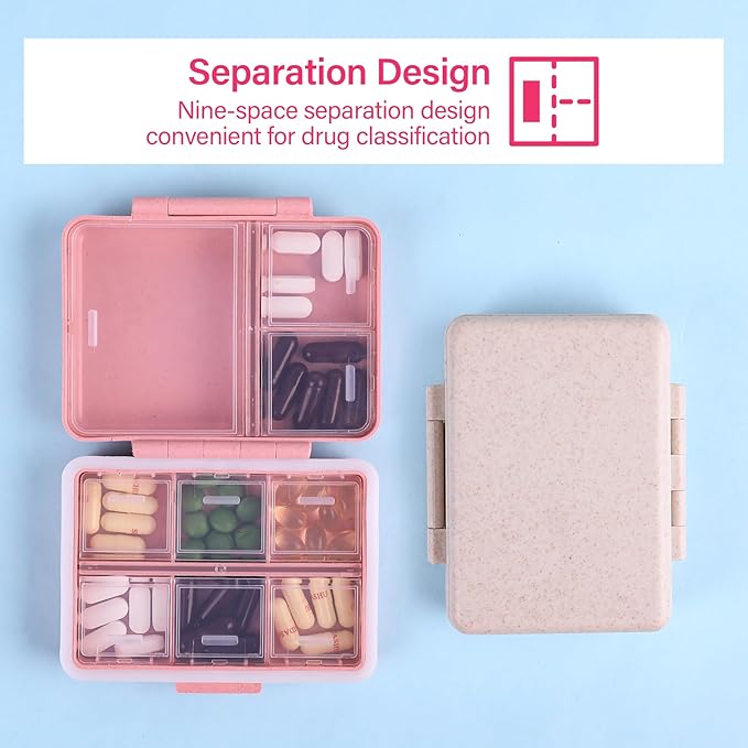 9-Grid Pill Organizer,Portable Pill Box,Large Capacity Compartments,Travel Pill Container,Medicine Dispenser,Pill Purse,Pill Case for Vitamins, Fish Oils or Supplements(Brown