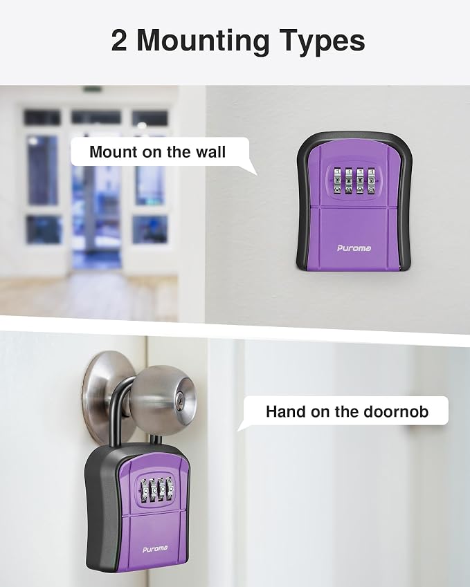Puroma Key Lock Box Outdoor 4 Digit Code Combination Lockbox House 1 Purple | For Contractors Guest Realtor Storage Keys, Portable, Home Wall Mount, Resettable, Combination, Weatherproof, High-capacity