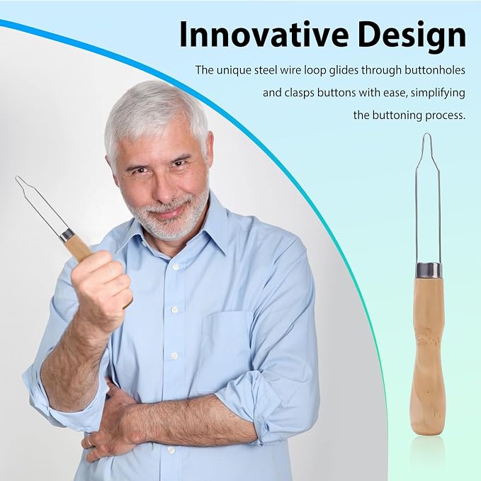 4pcs Button Hook Assist Device with Easy-Grip Wooden Handle for Shirts, Coats, Dresses - Ideal Button Aids for Arthritis & Limited Dexterity Fine Tip