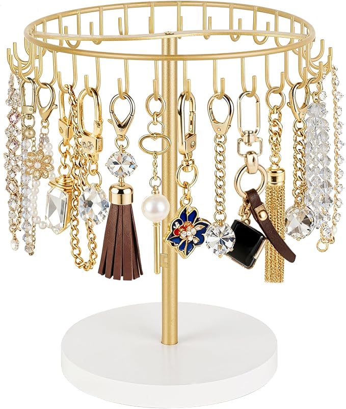 Dahey Keychain Holder Display Stand for Vendor, 30 Hooks Organizer for Desk | Space-Saving, Versatile Storage Keychain Bracelets Bag Charms, Sturdy Wood, Easy Assembly, for Study Entryway Decor, Gold