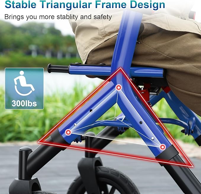 Rollator Walker with Seat, Tall Walkers for Seniors, 12" Big Rubber Wheels All Terrain Rollator Walker with Backrest, Built-in Cable, Foldable and Dual Adjustable Height for 5.3-7ft, Blue