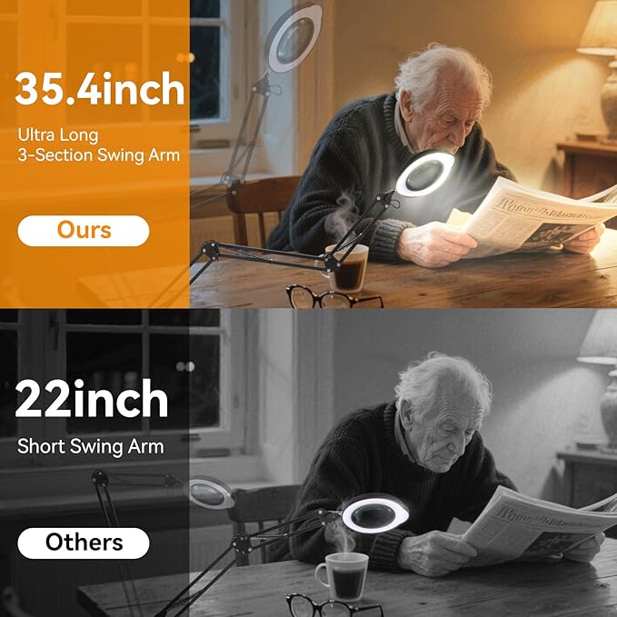 12XMagnifying Glass with Light and Stand|Magnifying Lamp with 3-Section Swing Arm,5 Color Modes LED Lighted Magnifier Lamp for Workbench (Black(Ultra Long))