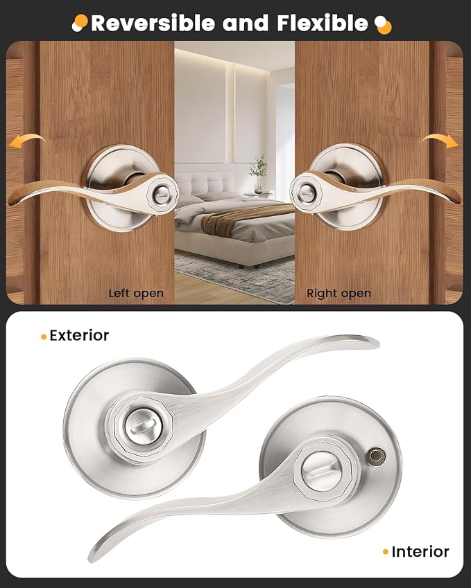 Gobrico 3 Pack Bed and Bath Privacy Handle Levers for Interior Door, Satin Nickel Keyless Wave/Drop Style Door Knobs with Thumb-Turn Button