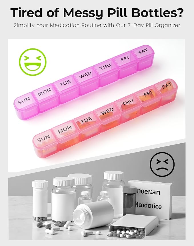 2-Pack Weekly Pill Organizer, 7 Day Large Pill Box with Clear Compartments, BPA-Free Medicine Case, Easy Open & Secure Close, Travel Pill Holder for Vitamins & Supplements - Pink&Purple