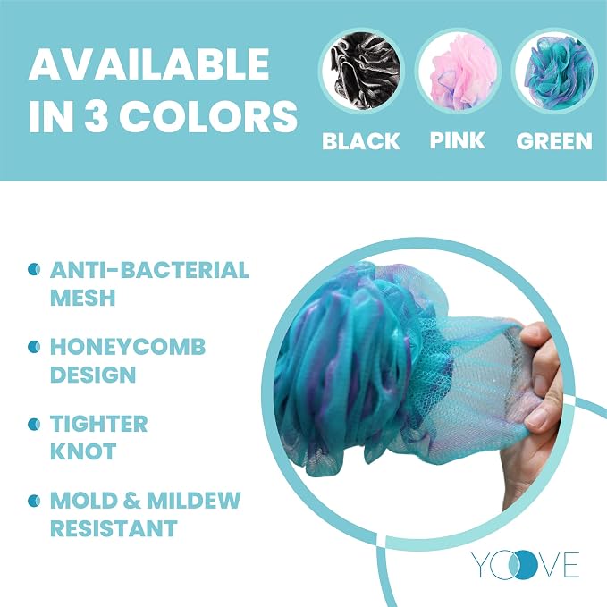 Yoove Body Scrubber Loofah with Handle - Green Shower Pouf | Charcoal infused shower loofah with long handle - back scrubber for women - exfoliating bath pouf for deep skin cleansing