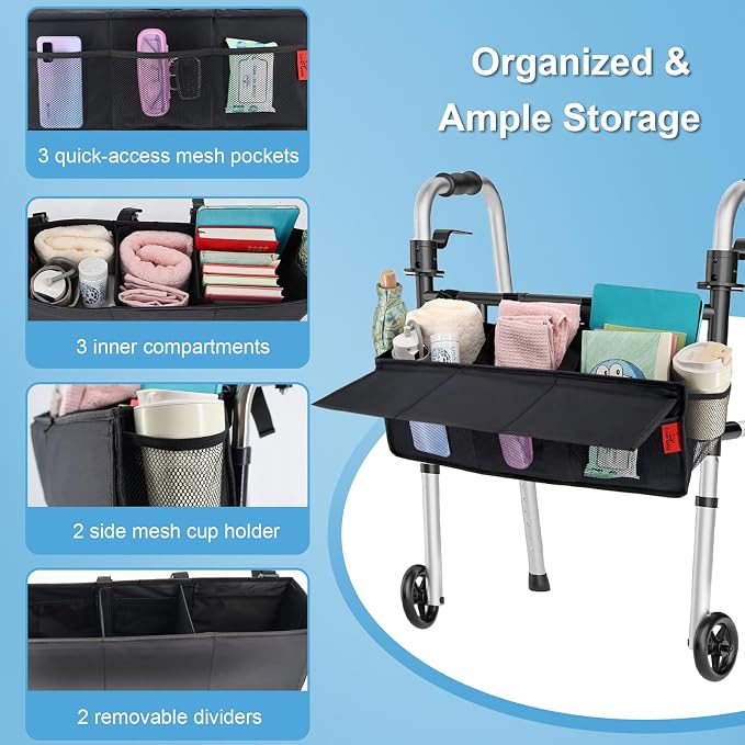 Extra Large Bariatric Walker Basket for 21"-26" Width Folding Walker/Rollator, Extra Wide Walker Storage Baskets with Cup Holder, Lid & Multiple Pocket, Easy to Use Walker Tote Bag for Seniors, Black.