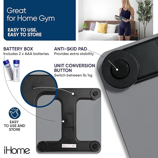 iHome Digital Scale, Bathroom Scale, Batteries Included, Scale Body Weight, Weight Scale, Digital Scale, Bathroom Scales for Weight, Digital Scales for Body Weight (Grey)