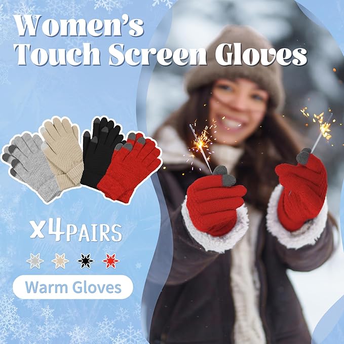 Omisy 4 Pairs Women Winter Gloves Touchscreen Cold Weather Mitten, Christmas Gifts for Adult Stockings Stuffers Mom Wife