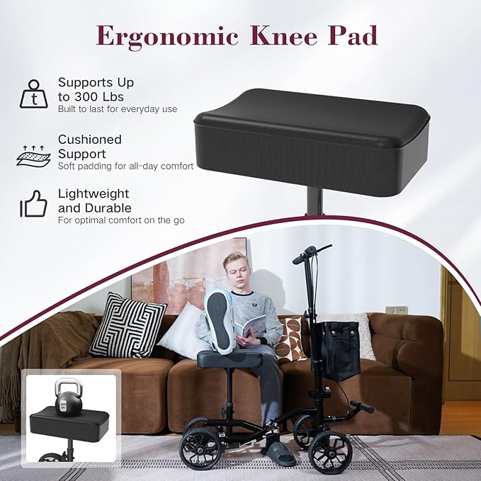 Lightweight Knee Scooter Crutch Alternative, Foldable & Adjustable Knee Scooter for Adults for Foot Surgery, Steerable Knee Walker with Detachable Basket, Includes DIY Stickers-Metallic Black