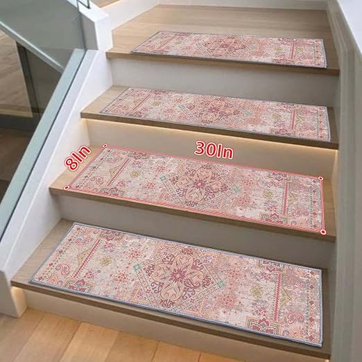 8”x 30” Carpet Stair, Anti-Slip Carpet Treads for Wooden Steps, Self-Adhesive Decorative Stair Runners, Slip-Resistant Treads for Indoor Wooden Staircases (4, Pink, 8X30 inch)
