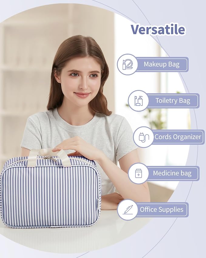 Full Size Toiletry Bag Women Large Cosmetic Bag Travel Makeup Bag Organizer Medicine Bag for Toiletries Essentials Accessories (Greyish Blue Stripe, Large)