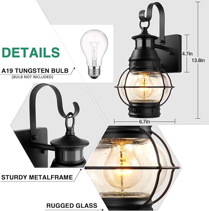 Lamomo Outdoor Wall Light, Motion Sensor Porch Lights Outdoor Wall Light Fixture,Black Dusk to Dawn Exterior Lighting for House Waterproof Anti-Rust Wall Mount Lantern for Outside,Garage(NO Bulb) | Black Dusk to Dawn Exterior Lighting for House,Waterpr...