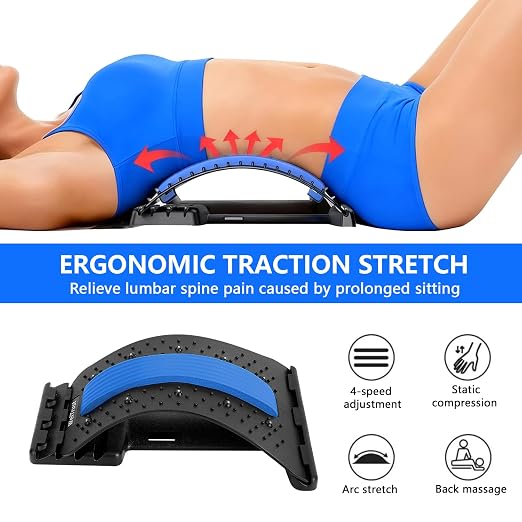 Back Stretcher - 4-Level Adjustable Lumbar Support Board & Back Cracker for Lower Back Pain Relief, Home Office Use (Blue)