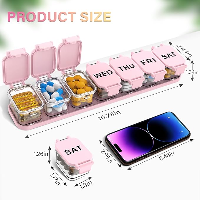 Extra Large Weekly Pill Organizer 7 Day - Portable Daily Pill Box with 7 Detachable Compartments, Vitamin Holder and Medicine Organizer for Supplements, Home and Travel, Pink