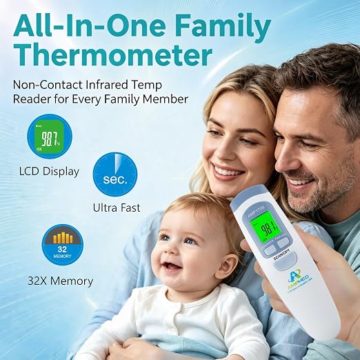 Non-Contact Forehead Thermometer, White Blue | For Kids and Adults, Baby Head Temporal Digital, Accurate Reading
