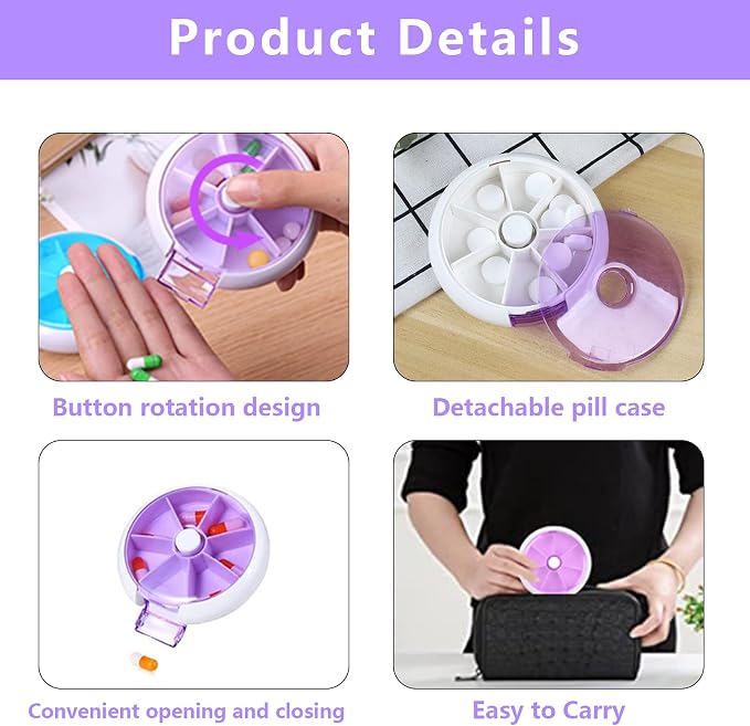 Pill Cases Weekly INVODA Pill Organizer 7 Day 3 Times Medicine Pill Dispenser Push Button Rotate Pill Planner with 7 Compartments