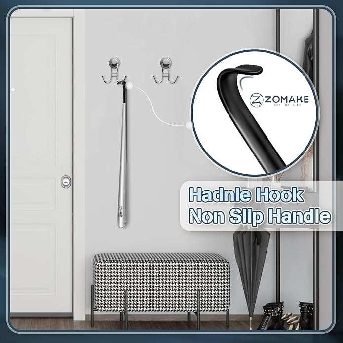 ZOMAKE Shoe Horn Long Handle for Seniors Men Women, Metal Shoehorn 16.5" | Stainless Steel Boot Horn Shoe Spoon Helper, Comfort Grip Handle, Smooth Edges, No Bending Required, Shoe Care for Daily Use
