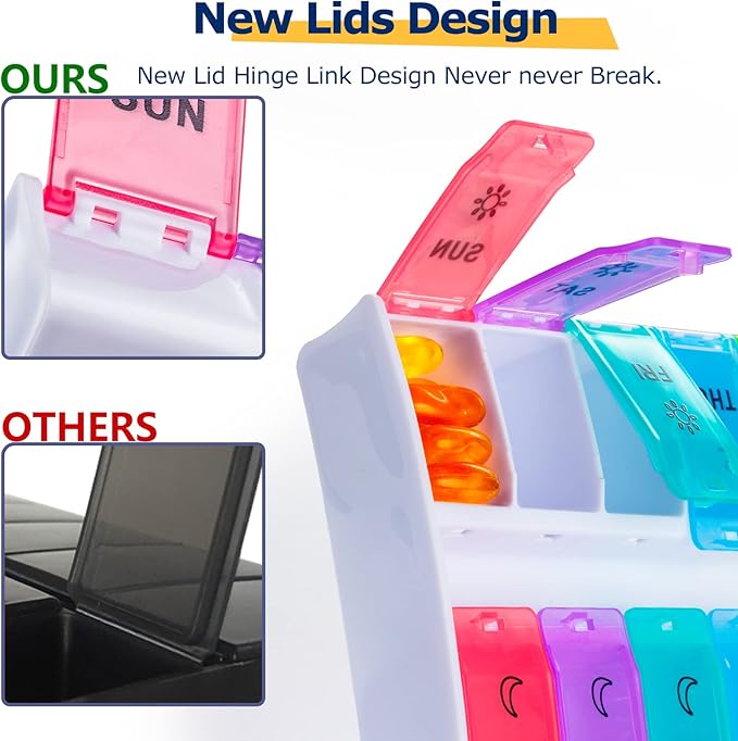 Mossime XL Large Pill Organizer 2 Times a Day, Weekly Am Pm Pill Box with Hinged Lids, 7 Day Medicine Vitamin Pill Case, Daily Pill Container, Big Medication Organizer for Supplement