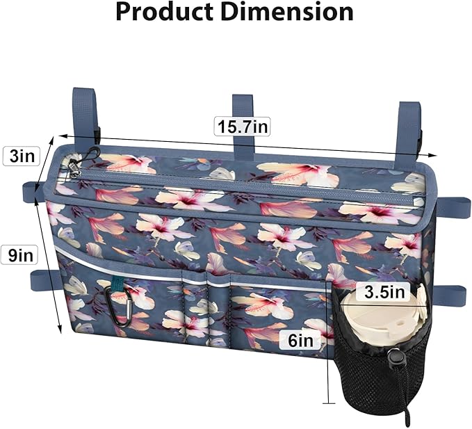 FINPAC Large Walker Tote Bag with Cup Holder, Folding Walker Attachment Hands-Free Storage Basket Mobility Aid Accessory Pouch for Elderly, Senior, Blooming Hibiscus