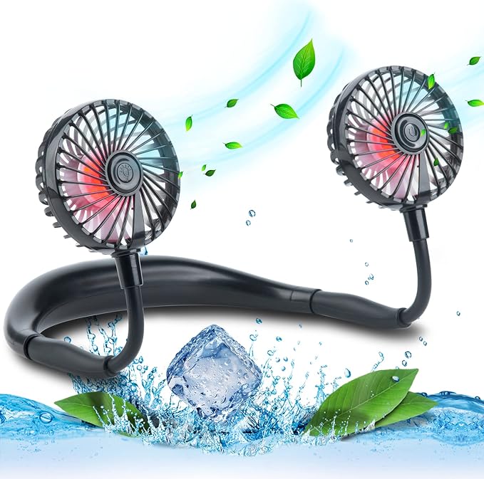 VAGAU Portable Cooling Neck Fan, Rechargeable USB Personal Neck Fans Black | with Colorful LED lights, 360° Rotation, Wearable Neck Fan Air Conditioner for Office Travel Sport, 3 Adjustable Speeds