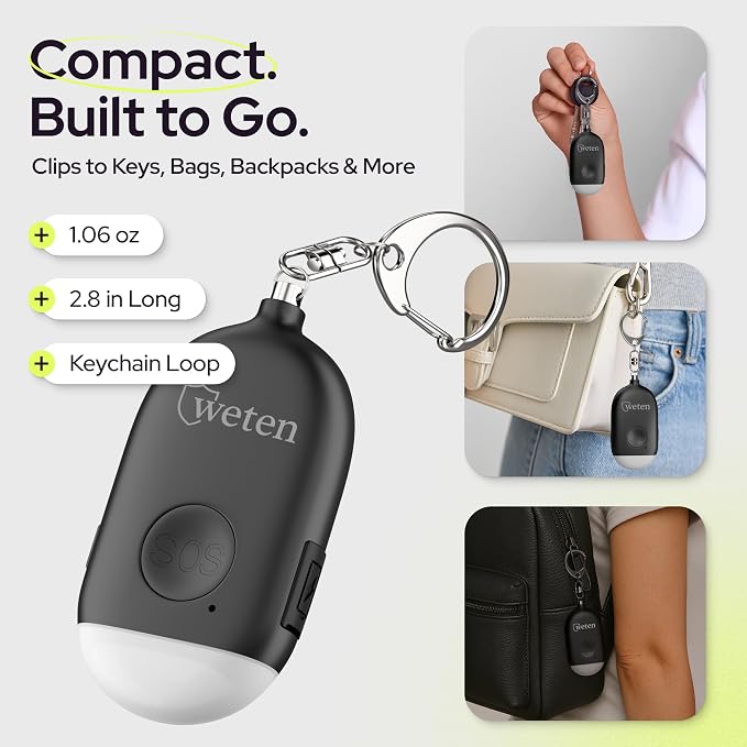 Weten Rechargeable Personal Alarm Keychain - 130dB Siren & LED Light - Stylish Personal Safety Alert for Women to Carry - Panic Button Alarm for Security - Rape Whistle for Self Defense (Black)