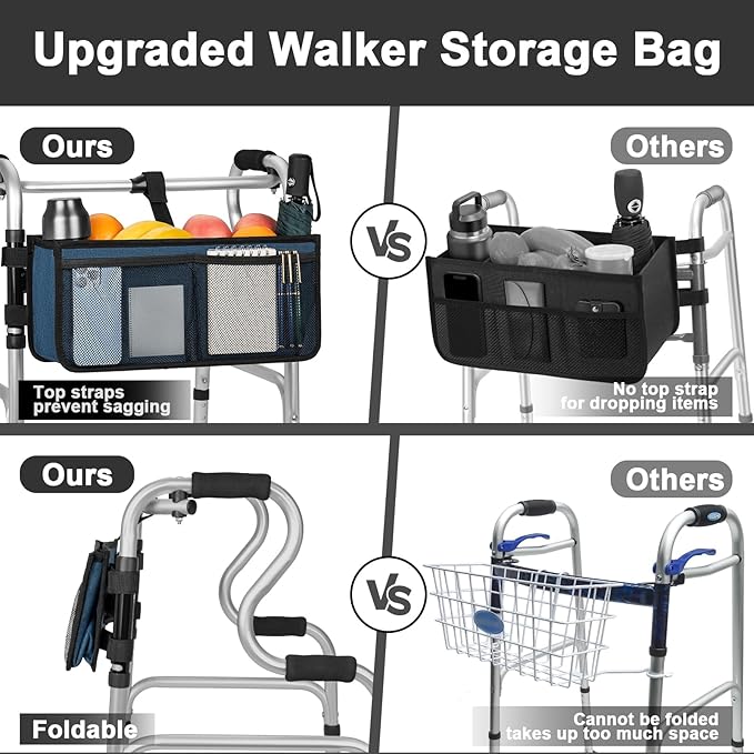 FREEAMG Walker Basket for Folding Walker, Large Capacity Foldable Walker Bag, Walker Storage Bag With Cup Holder, Detachable Walker Accessories Basket for Seniors (Blue)