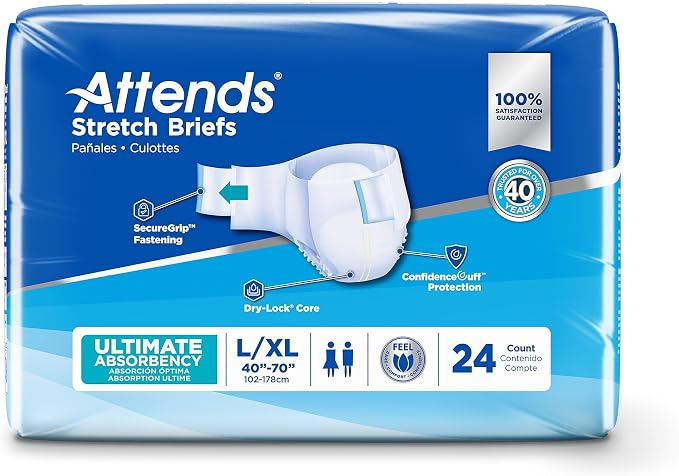 Attends Stretch Adult Incontinence Disposable Briefs, Large/X-Large, 40"-70" Waist with SecureGrip Tab Closure, Ultimate Absorbency with Dry-Lock Containment Core and Breathable Side Panels, 96ct Case