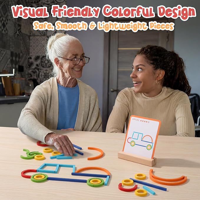 142 Pcs Wooden Pattern Blocks Set for Seniors Dementia for Seniors Memory Matching Games Alzheimers Products Cognitive Toys for Elderly Dementia Patients Older Adults