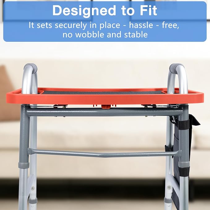 Walker Tray for Seniors with Dual Cup Holders & Side Pouch (Red) | Durable Food & Drink Table, Lightweight with Non-Slip Pad, Compatible with Walker of 10210-1 Model