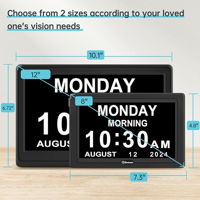 Soobest 12” Dementia Digital Clock for Seniors Extra Large, 20 Alarm Reminders Date Day Time Display for Elderly Memory Loss Alzheimers, Electric Calendar Clock, Auto DST, 1024 * 600P HD