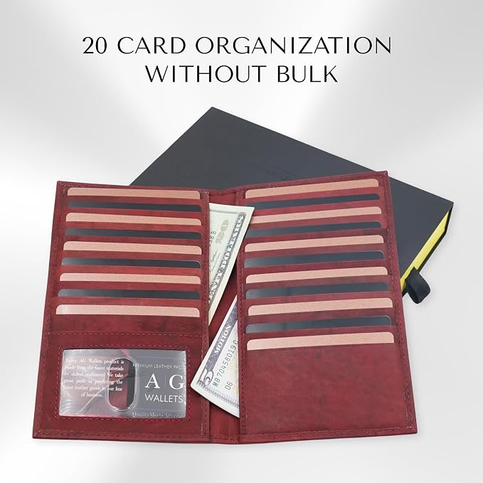 20 Card Wallet for Men, Long RFID Leather Credit Card Holder, Burgundy | 2 Bill Compartments | ID Window | Open Bifold | Organized Carry | Jacket Friendly