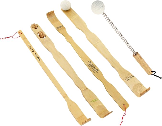 BambooMN 5pc Traditional Bamboo Back Scratcher and Body Relaxation Set