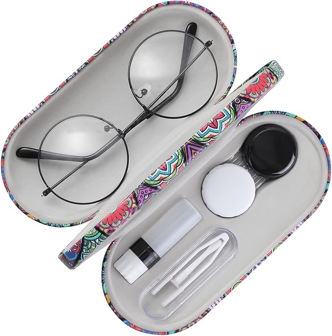 MoKo Double Eyeglass Case, Contact Lens Case with Mirror Tweezers Remover, 2 in 1 Double Sided Portable Contact Lens Box Holder Container Storage Kit Sunglasses Pouch for Men & Women, Rhombic Datura