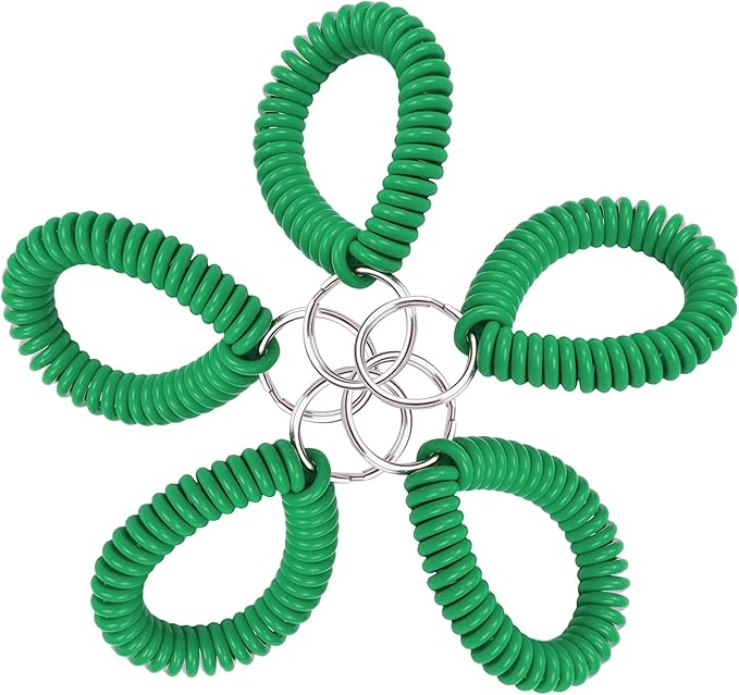 Lucky Line 2” Spiral Wrist Coil with Steel Key Ring, Flexible Wrist Band Key Chain Bracelet, Stretches To 12”, Green, 5 Pack (4104005)
